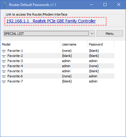 Main window showing gateway as clickable link